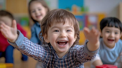 A cheerful toddler spreads his arms wide, exuding pure delight while friends play joyfully in the background, capturing the essence of childhood fun.