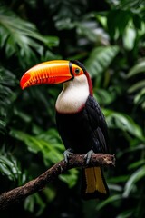 Fototapeta premium Vibrant Toucan Perched in Lush Green Jungle Exotic Avian Beauty in Tropical Paradise