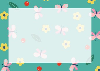 cute pink butterfly with tiny yellow flowers and leaf on green frame border , illustration paper and card template