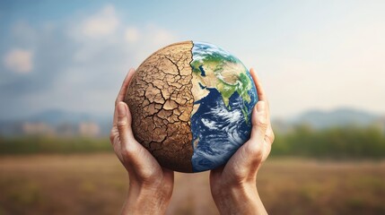 Urgent Global Message Fragile Earth Held in Hands, Stark Contrasts of Environment, Climate Change Concept. Close-Up View with Cracked and Green Planets, Moody Environmental Awareness
