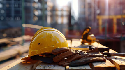 A bright helmet placed on a sturdy table in a construction site