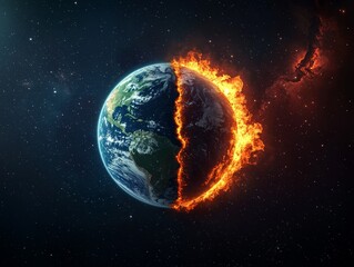 Apocalyptic Vision Divided Earth - Fiery Destruction vs. Serene Beauty in Space