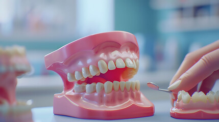 Dental models, mirror, hand, examination, dentist office.