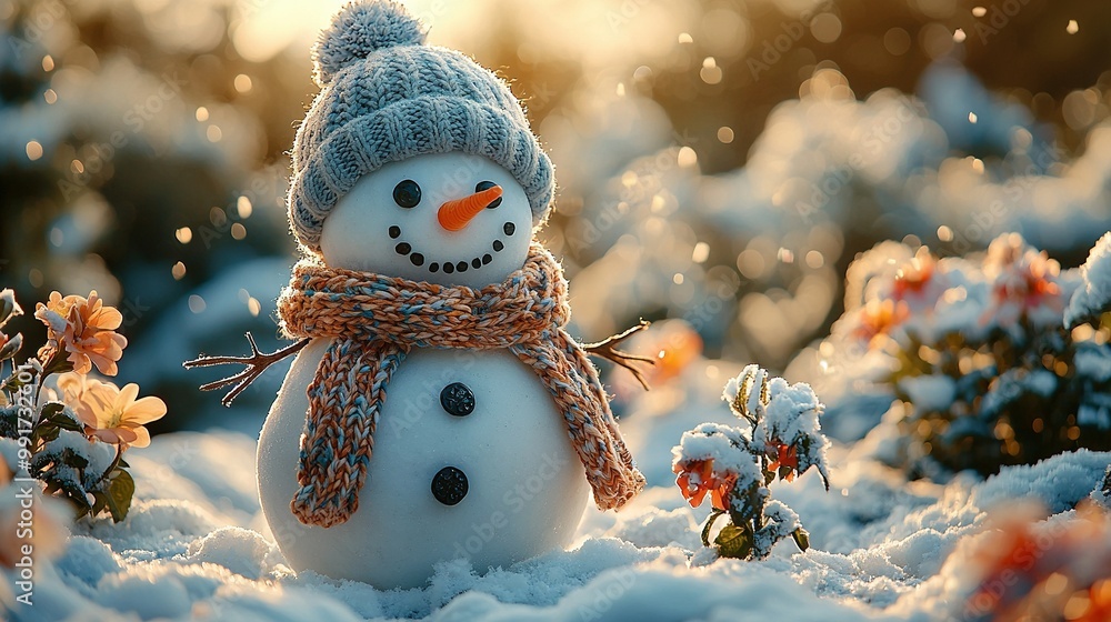 Canvas Prints   A snowman with a knitted hat and scarf stands in a field of snow surrounded by flowers in the foreground