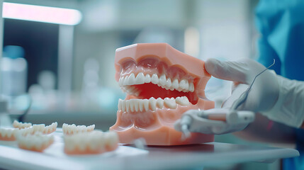 Dental models, mirror, hand, examination, dentist office.
