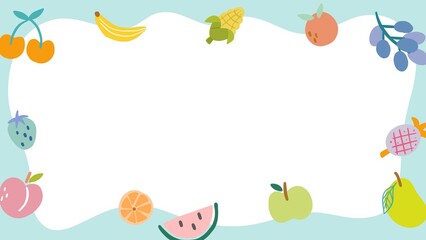 fruit frame, cherry , banana, pineapple, strawberry, peach, orange, mango, corn, grape, watermelon, apple, illustration paper template.