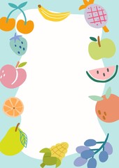 fruit frame, cherry , banana, pineapple, strawberry, peach, orange, mango, corn, grape, watermelon, apple, illustration paper template.