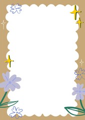 purple flowers with glitter sprinkle on brown frame, paper card border template.