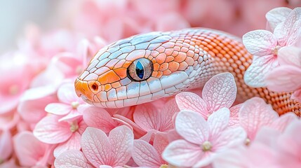 Obraz premium A close-up of a snake resting atop a bed of pink flowers, with a soft, blurred background of rustling leaves and vibrant flora