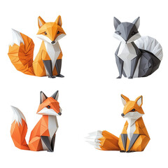 Obraz premium Set of four geometric fox illustrations in bright colors, showcasing unique and modern low poly art style.