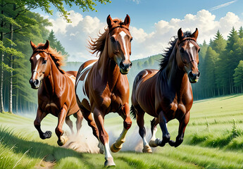 Three horses galloping across a field, their manes flowing in the wind
