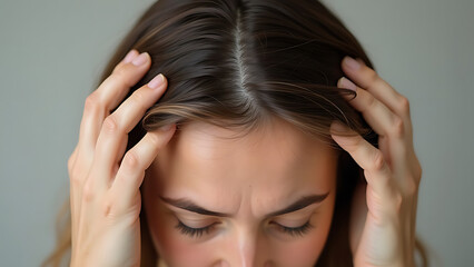 Fototapeta premium woman with headache. A close-up of a woman's hands touching her hair shows signs of thinning and sparse patches on the crown 