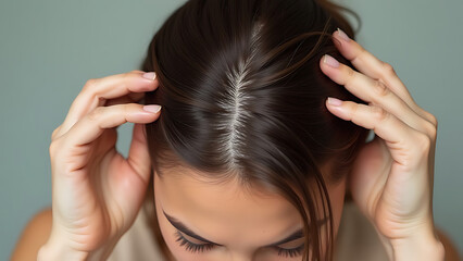 Fototapeta premium woman with headache. A close-up of a woman's hands touching her hair shows signs of thinning and sparse patches on the crown 