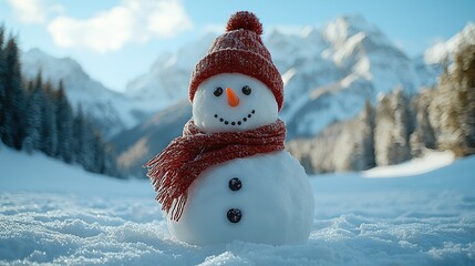 Obraz premium A snowman wearing a red hat and scarf stands against the snow-covered background, surrounded by towering mountains