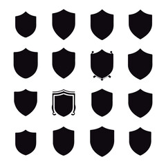 Lovely silhouettes of shields. Soccer, police, military, and other label collections are shaped by black badges. 
