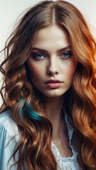 Obraz premium Portrait of woman with long wavy red hair and neutral expression in soft lighting