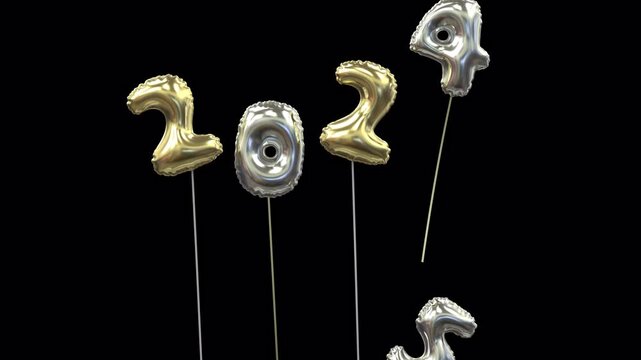 colored new year mylar balloon writing 2024 with the 4 flying away and 5 floating up to form 2025 gold and silver
