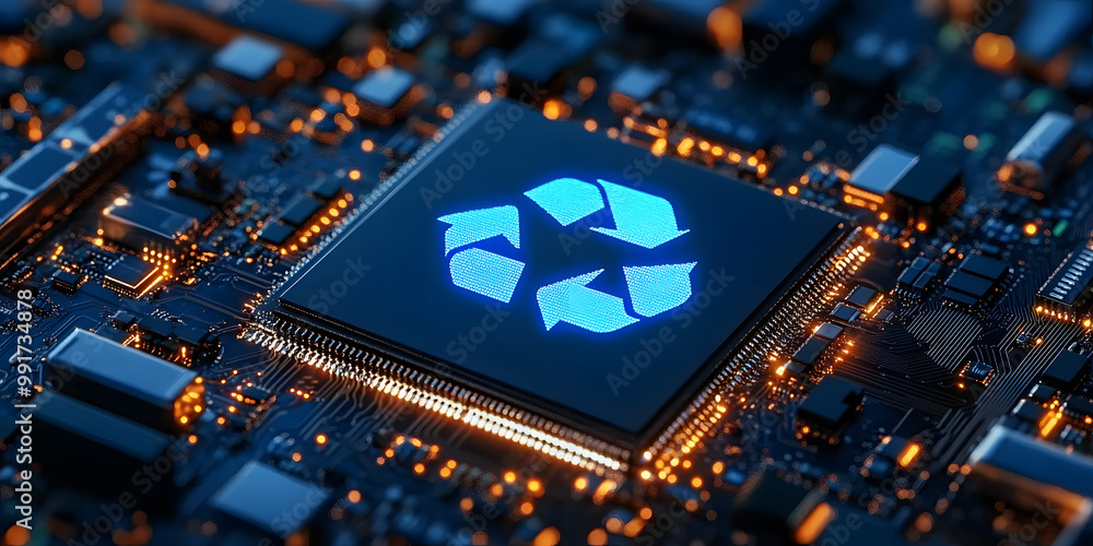 Poster close-up view of a microchip on circuit board with a glowing blue recycling symbol, generative ai