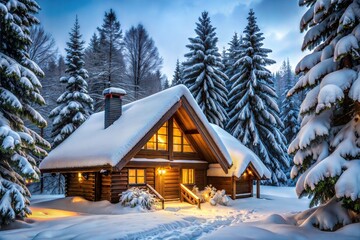 Cozy wooden cabin in snow-covered forest at sunset