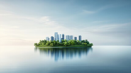Serene Island Cityscape with Reflections in Water