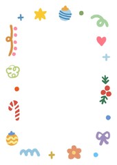 Christmas frame template, candy, bell, bow ribbon, garland, colorful glitter and tiny flowers, illustration border for decoration