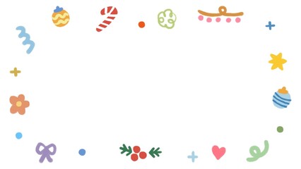 Christmas frame template, candy, bell, bow ribbon, garland, colorful glitter and tiny flowers, illustration border for decoration