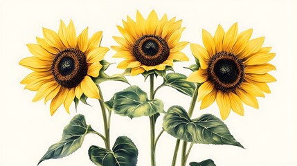 Three bright yellow sunflowers with green leaves on white background.
