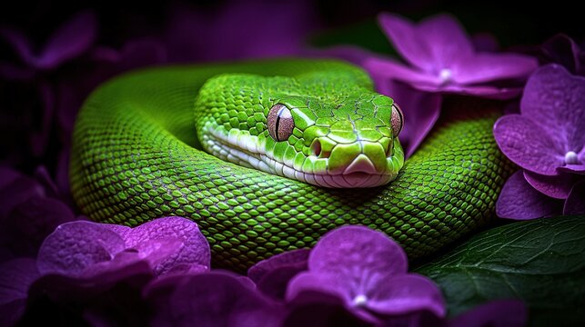   Close-up portrait of a vivid green serpent resting atop a lavender flower carpet surrounded by lush greenery and purple flora