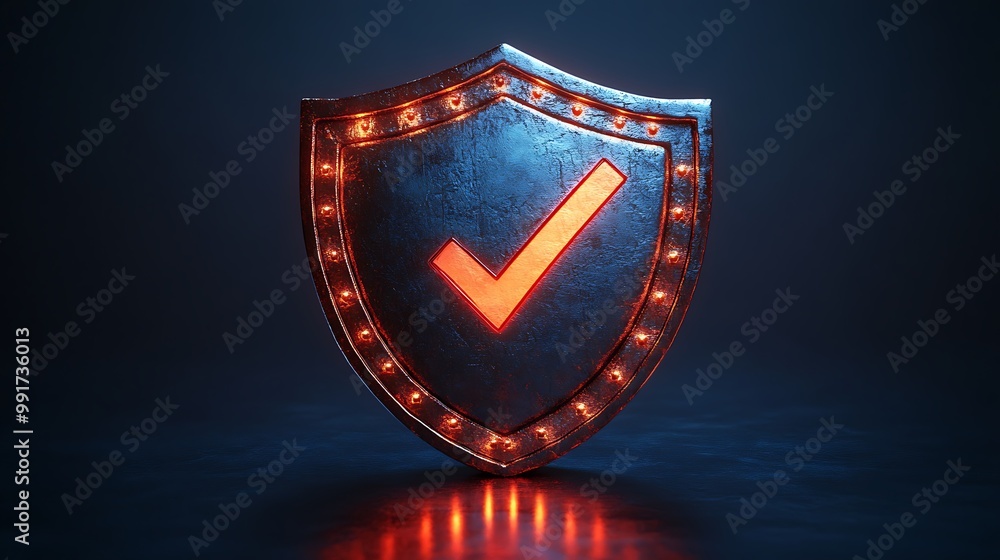 Poster a metallic shield with a glowing red checkmark, symbolizing security and protection.