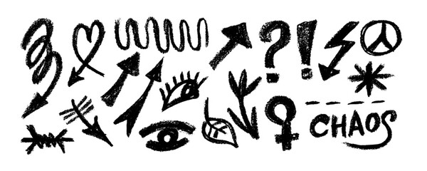 Collection of hand drawn  charcoal doodle shapes and squiggles in childish girly style.  Stars, leaf, eye, arrows doodle collage elements