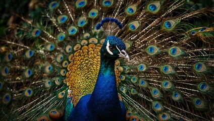 Fototapeta premium Majestic peacock tail with vibrant colors.