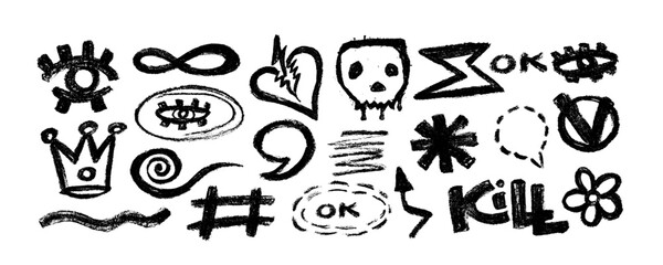 Set with charcoal graffiti doodle punk and girly shapes . Hand drawn abstract scribbles and squiggles, creative various shapes, charcoal drawn icons.