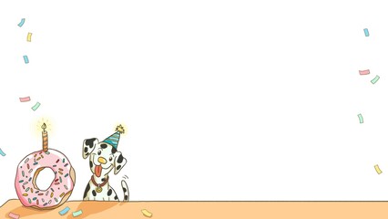a cute dog with happy birthday hat and birthday cake in party, colorful glitter sprinkle, illustration greeting card template.
