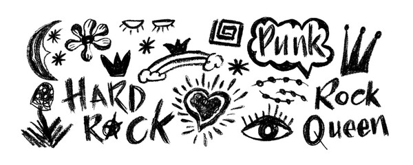 Vector set charcoal graffiti doodle punk and girly shapes . Hand drawn abstract scribbles and squiggles, creative various shapes, pencil drawn icons. Scribbles, scrawls, stars, crown,  punk, rock.