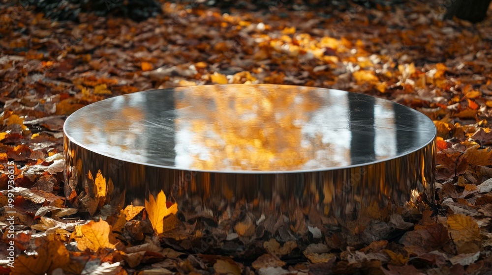 Poster a polished circular surface rests on a bed of vibrant autumn leaves in a tranquil forest