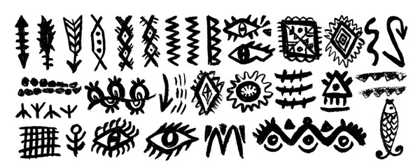Collection with ethnic aztec sign maya,  hand drawn charcoal. Abstract aztec symbols, totem idols, ancient inca maya, traditional  mexican signs. Vector ornament of native americans, aztecs.