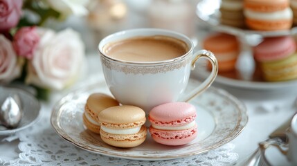 Indulge in delightful macarons paired with fragrant coffee during a charming afternoon tea on a beautifully set table