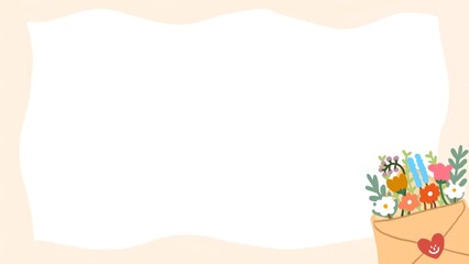 tiny colorful flowers in Envelope with smiley heart stamp on cream color frame, greeting and wedding border card, illustration paper template