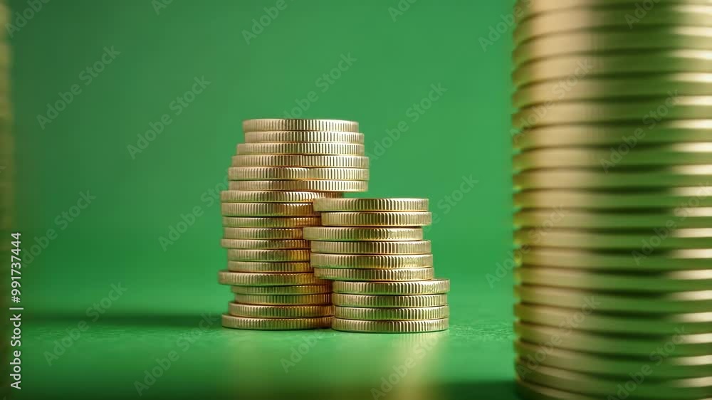 Poster two stacks of gold coins are standing on a green screen background, creating a perfect visual for fi