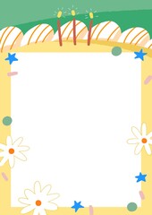 birthday cake frame, little flowers with blue stars and glitter sprinkle on yellow  frame template, illustration greeting card