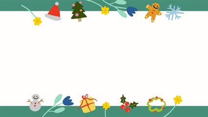 christmas stuff decoration ,snowman, gift, snowflake , flowers, gingerbread, christmas tree and garland with green frame, illustration paper card template