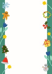 christmas stuff decoration ,snowman, gift, snowflake , flowers, gingerbread, christmas tree and garland with green frame, illustration paper card template