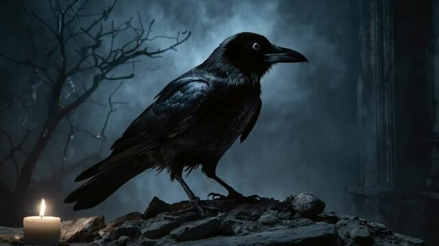 black raven with a candle at night