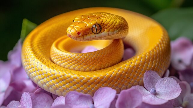   A zoomed-in photo of a yellow serpent resting on a tree limb surrounded by purple blossoms and lush greenery