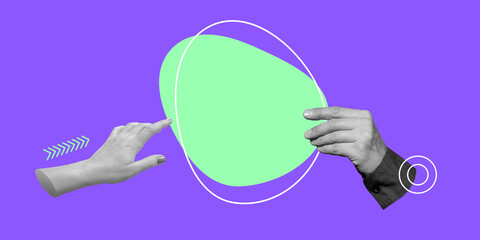 Demonstration, presentation, selection. Hand holding empty speech bubble on bright purple background. Minimalist art collage. Copy Space