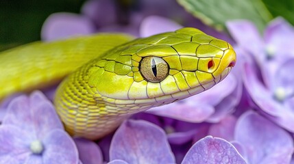 Fototapeta premium A yellow snake's head sits atop a purple flower against a backdrop of purple blooms