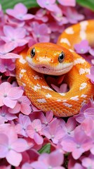 Obraz premium A close-up of a snake lying on a bed of pink flowers, with a green leaf in the background