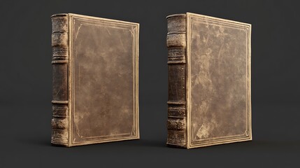 Two antique books with worn leather covers and gilded edges, isolated on a grey background.