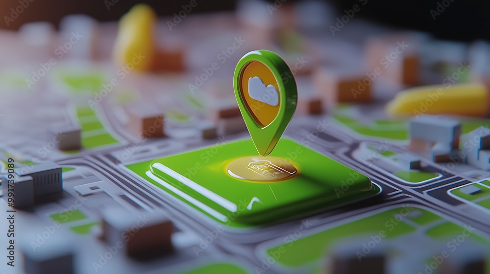 Poster a green map pin with a cloud icon on top is placed on a green square with a yellow button on a city 