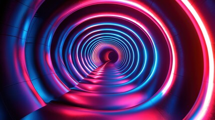 Obraz premium A dark tunnel lit by neon lights, with two lights at either end - one red and the other blue